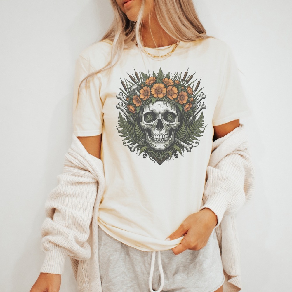 Skull Crowned in Blooms Rising from Botanical Bones Tee